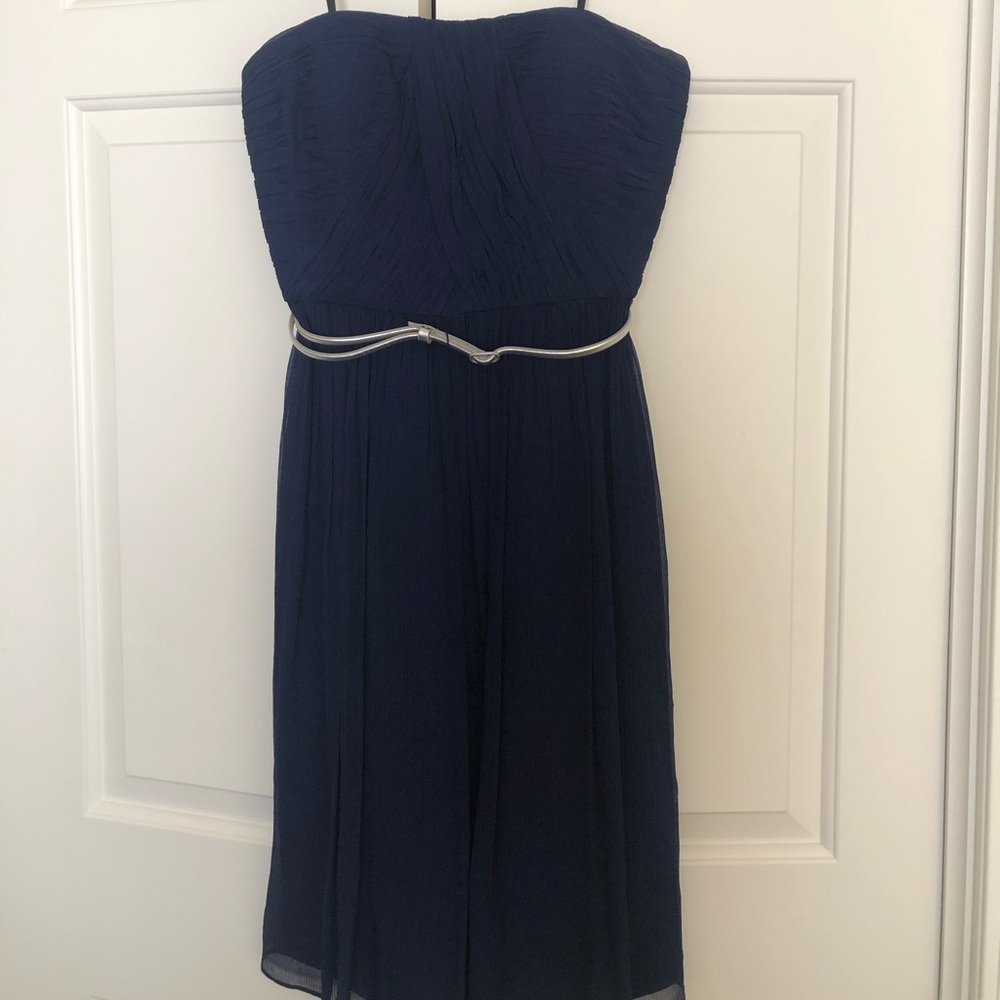 Donna Morgan strapless navy chiffon dress